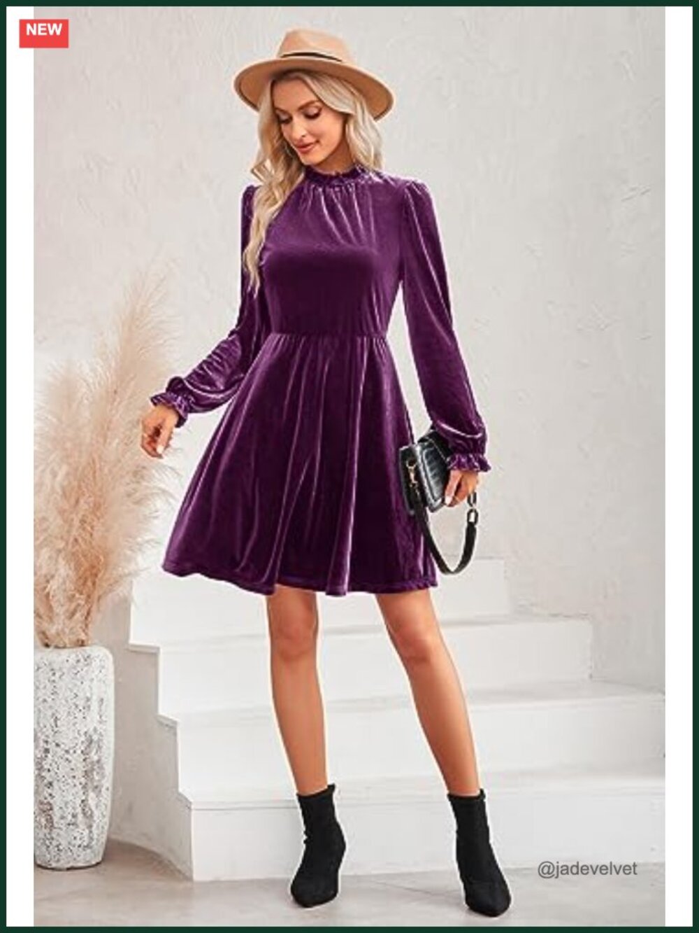 Women's Velvet Fit & Flare Mini Dress Long Sleeve Ruffle Neck Wedding Guest - Picture 2 of 5
